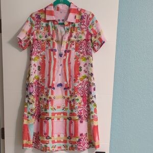 Amanda Johnson Studio Colorful Patterned Linen Shirt Dress Sz XS